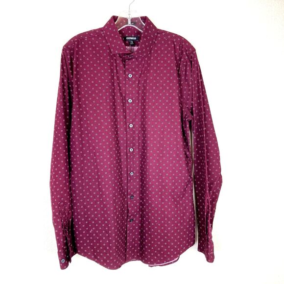 Express Extra Slim Fit Men's Shirt M 15-15.5 Burgundy Print Cotton Button Up - Picture 1 of 6